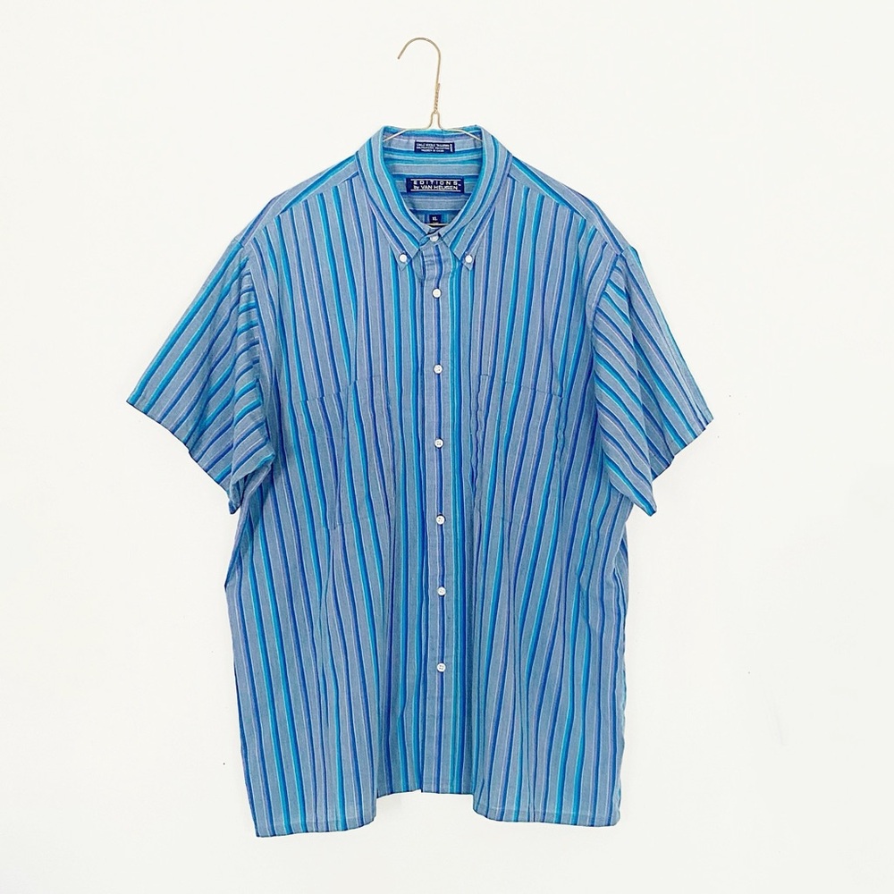 90s short sleeve button down - vintage blue stripe beach shirt